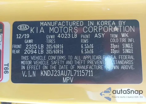 2020 Kia Soul Lx z USA, uszkodzony, nr VIN KNDJ23AU7L7115711